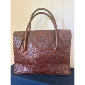 Hand-Tooled Floral Leather Tote in Dark Brown
